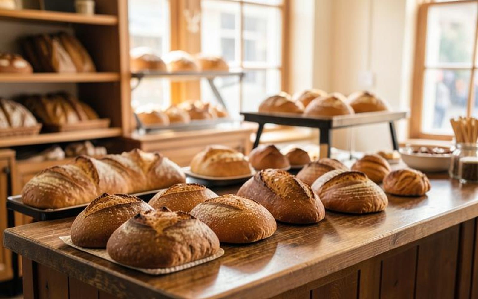 Warm bakery counter displaying fresh bread and pastries in morning light