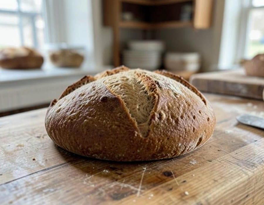 Rustic crusty sourdough loaf cooling on a wooden bakery counter