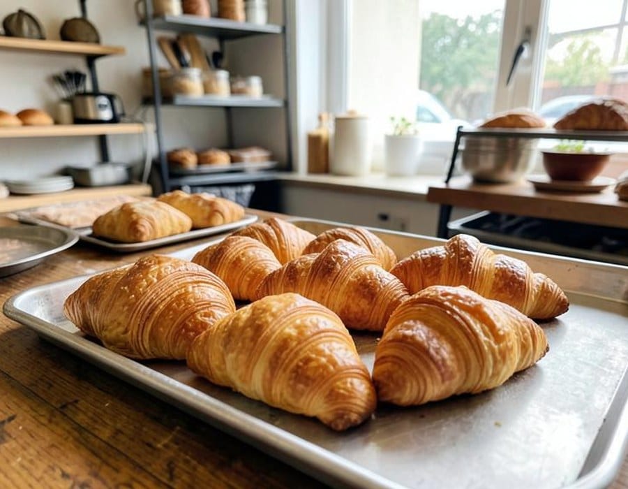 Golden butter croissants arranged on a tray inside an artisan bakery