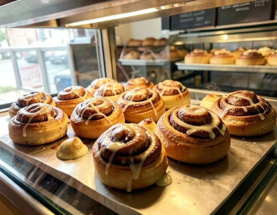 Fresh cinnamon rolls with icing on a warm bakery display