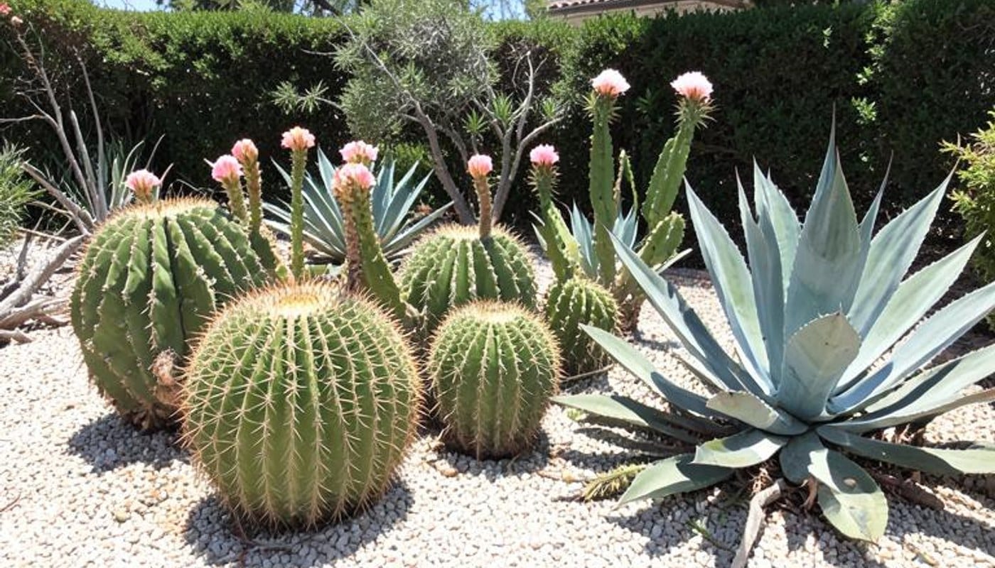 Flowering cacti and agaves arranged in a bright gravel garden