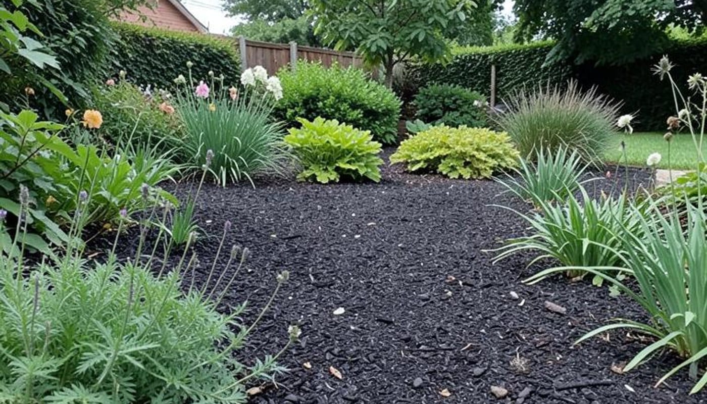 Dark textured surface adds a subtle backdrop to garden details