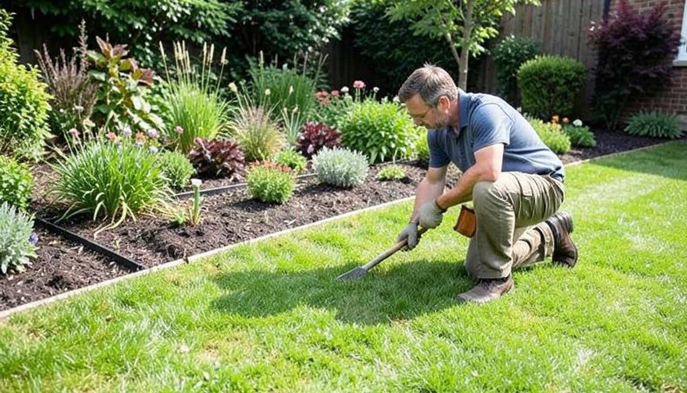 Landscape worker inspecting a green lawn and planted garden beds