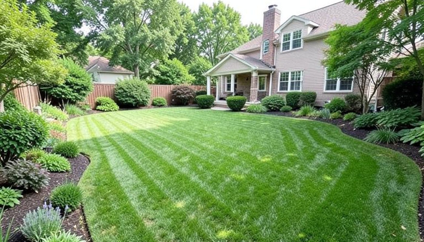 Spacious landscaped backyard with a home and neatly maintained green lawn