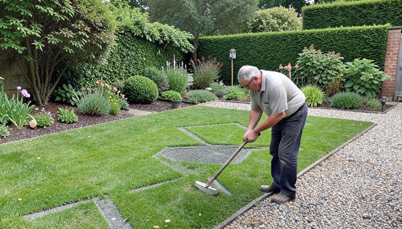 Gardener tending a geometric lawn beside a gravel garden