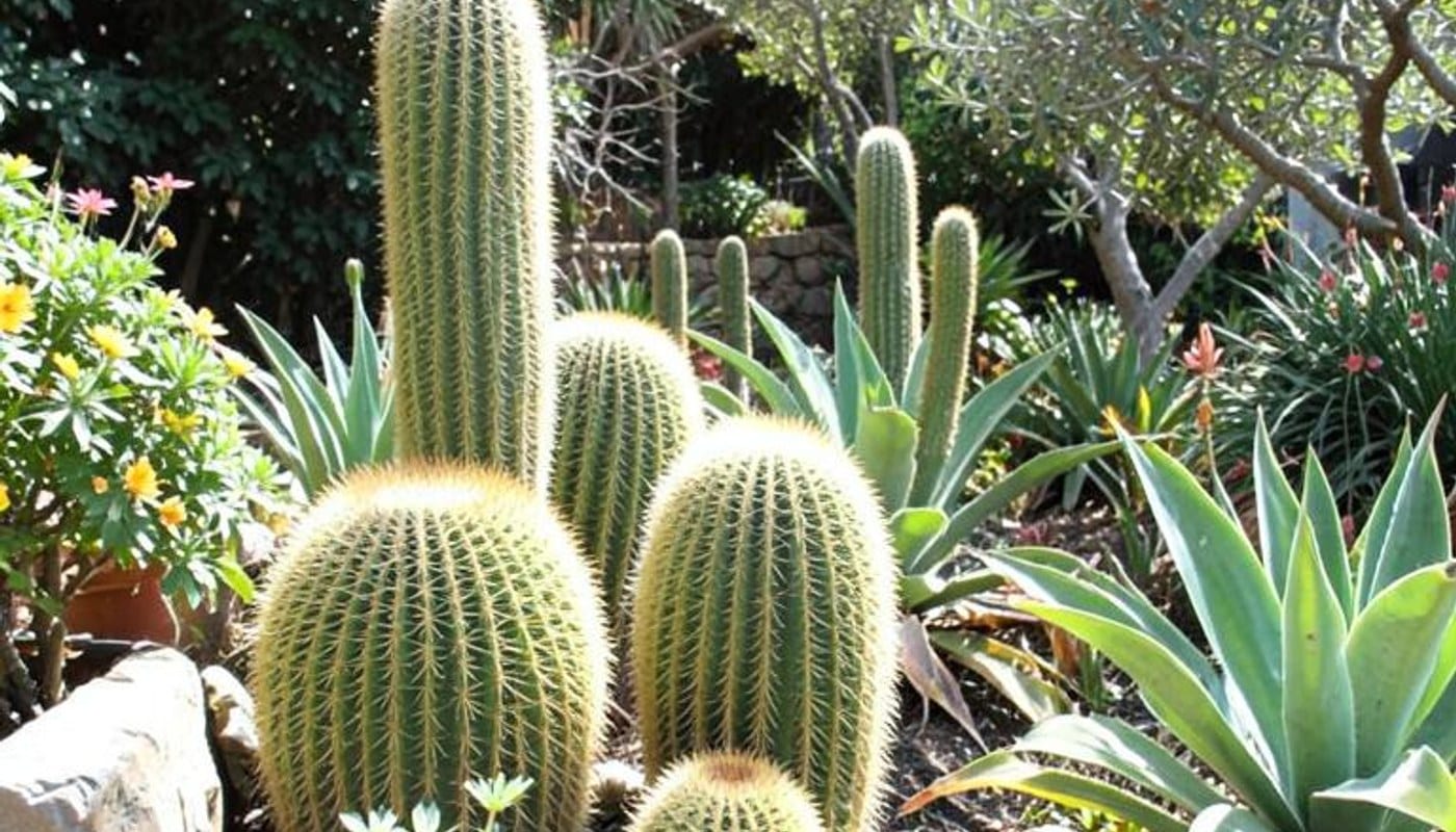 Golden barrel cacti grow among thriving plants in a sunlit garden