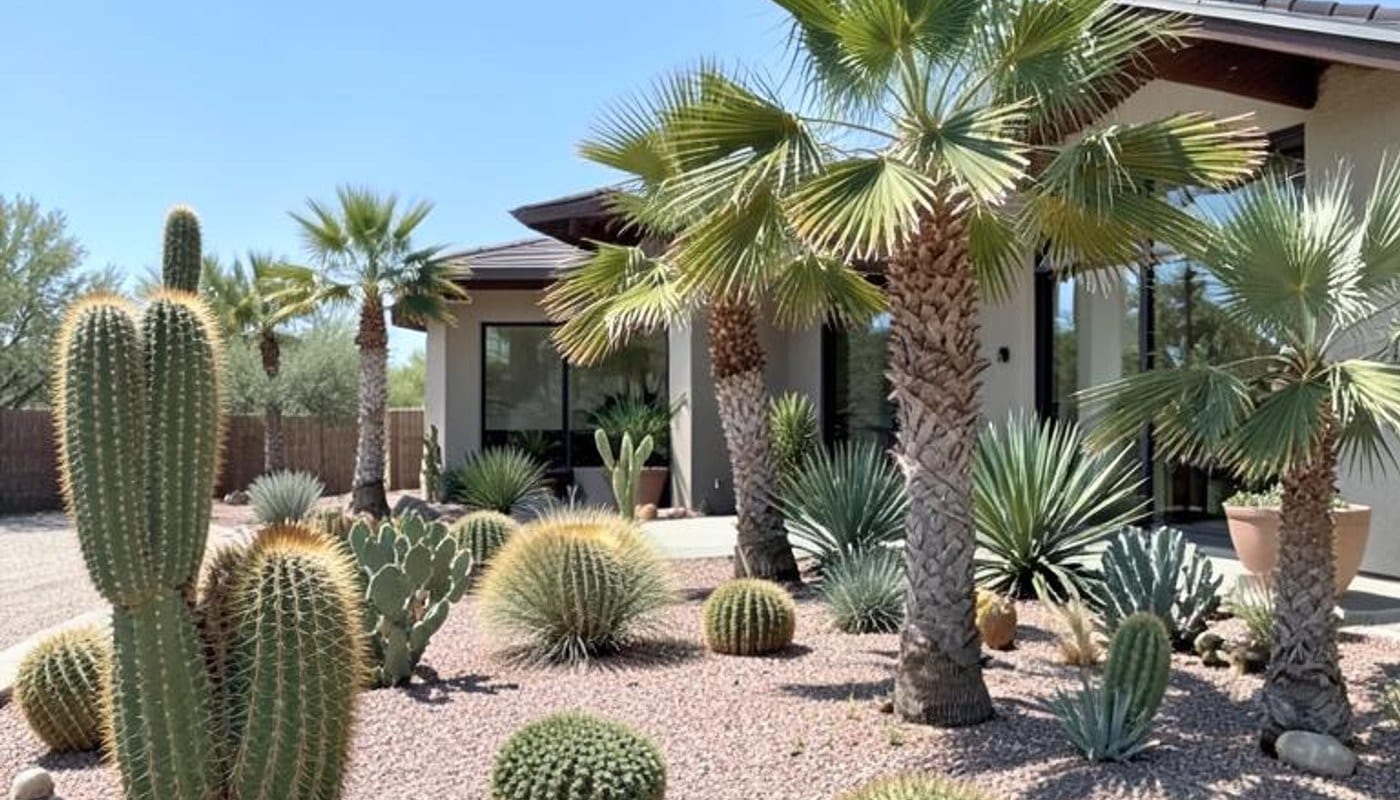 Desert garden with cacti and palms beside a modern home