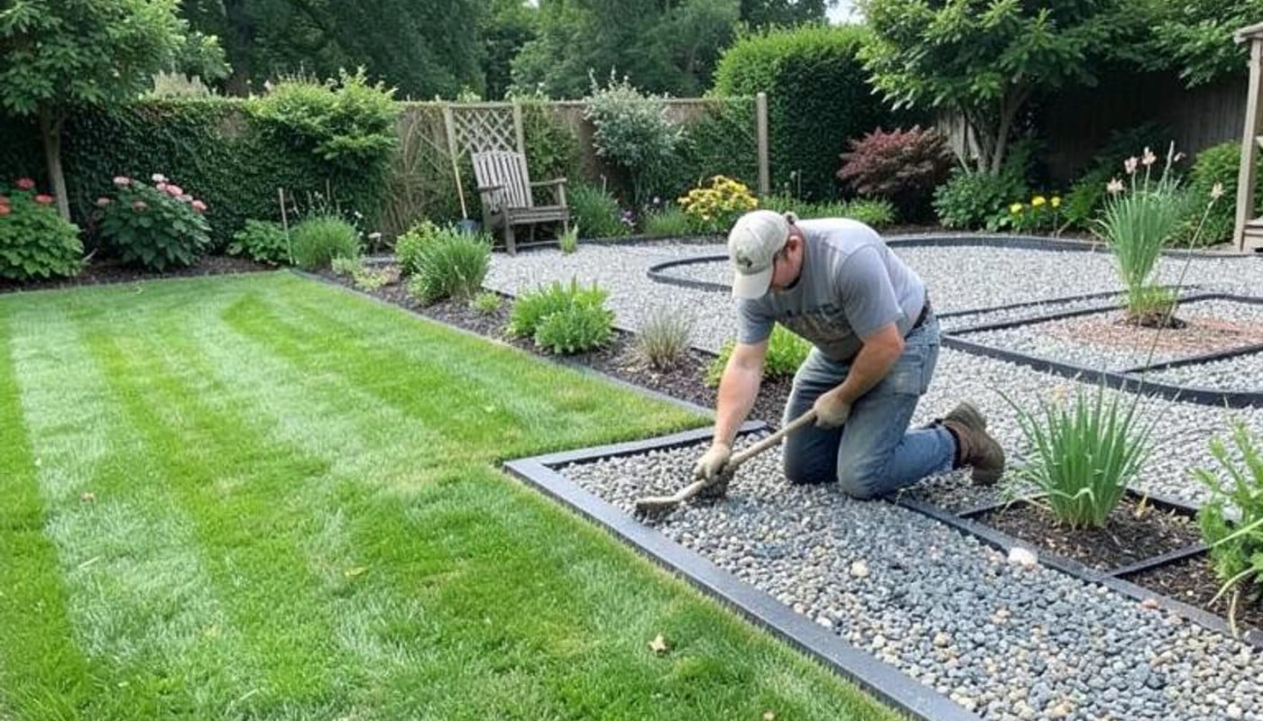 Gardener tending a neat lawn beside a geometric gravel garden