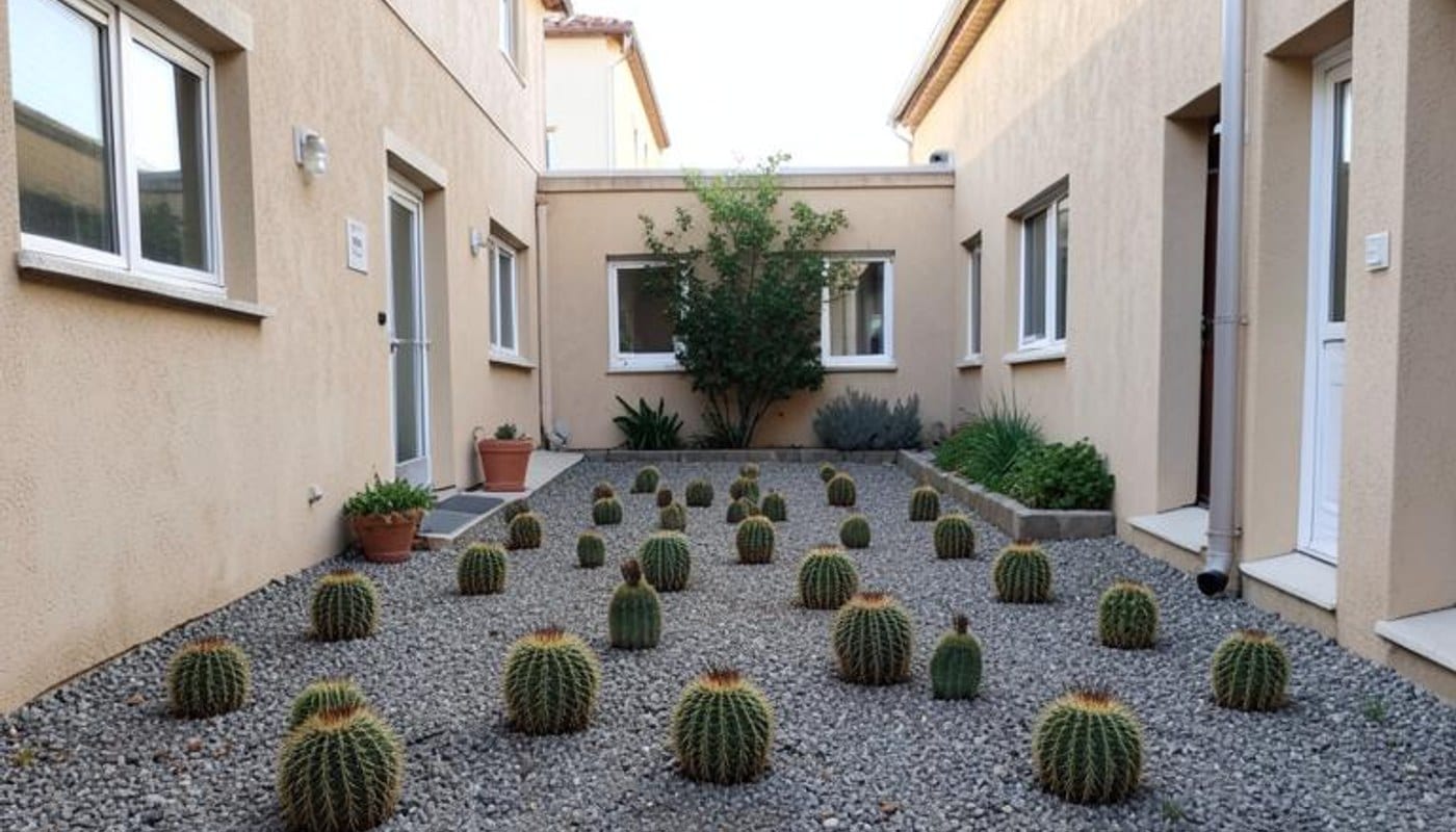 Small cacti dot a gravel courtyard between surrounding buildings