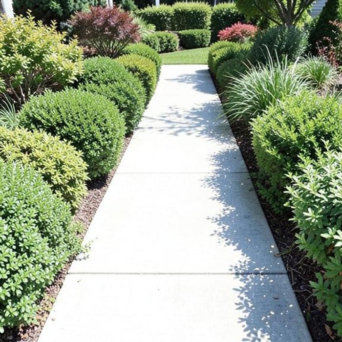 Neatly edged walkway framed by green shrubs and lawn