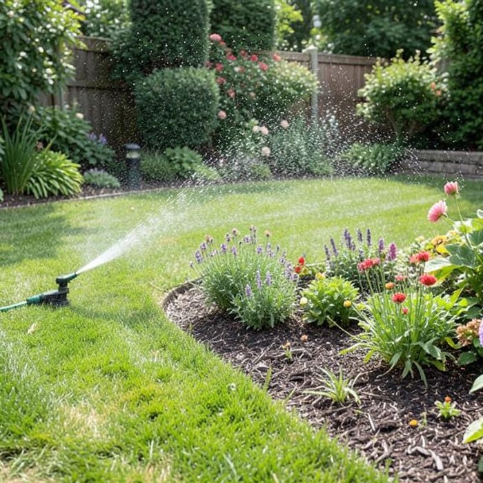 Garden sprinkler watering a healthy lawn and flower border