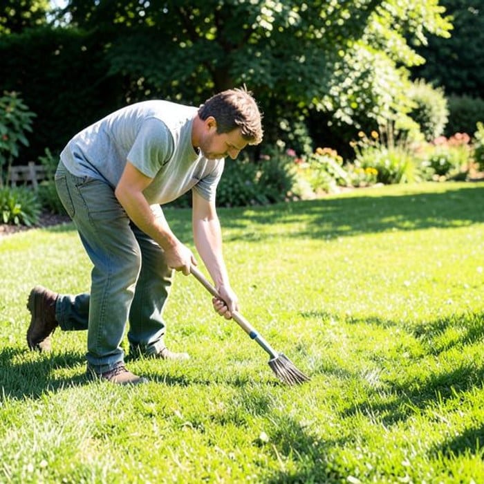 Gardener tending a bright green lawn in natural sunlight