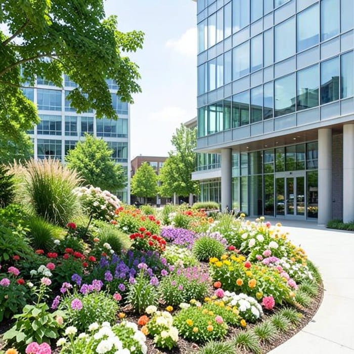 Curving flower beds soften a landscaped office garden