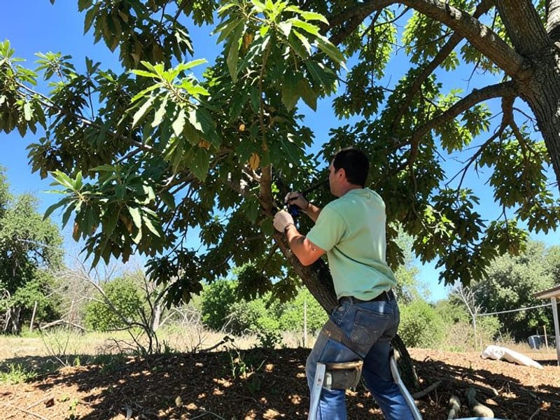 Landscaper carefully trimming mature trees beneath a bright blue sky