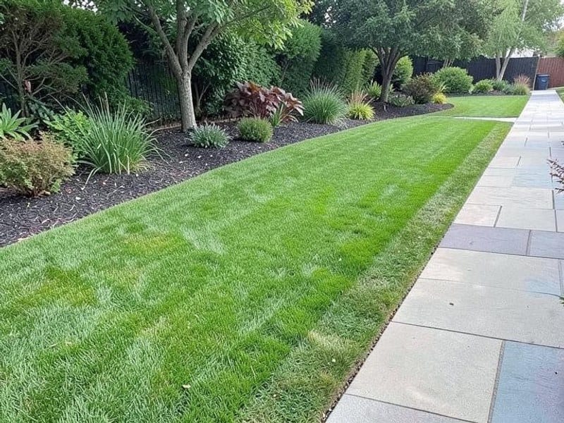 Freshly maintained lawn edged neatly beside a landscaped walkway