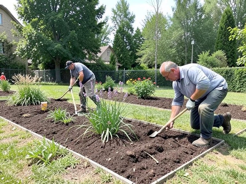 Landscaping team tending planted beds across outdoor grounds
