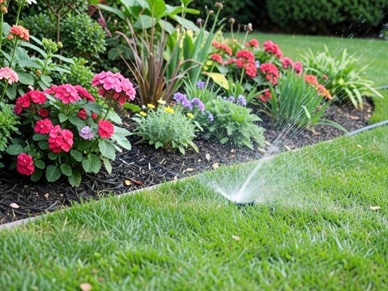 Sprinkler watering a green lawn beside a colorful garden bed