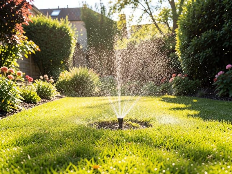 Garden sprinkler watering a healthy lawn in warm sunlight