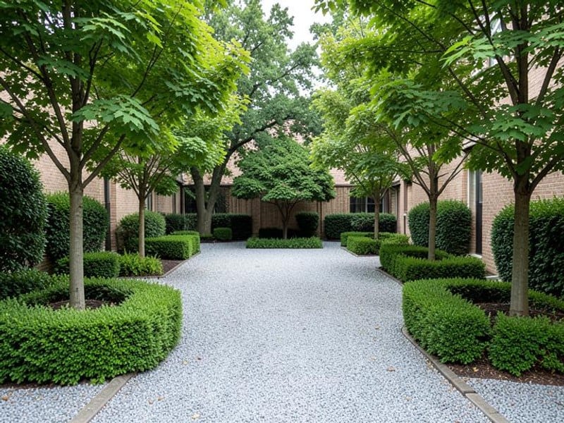 Maintained courtyard with trees, trimmed shrubs, and clean gravel beds