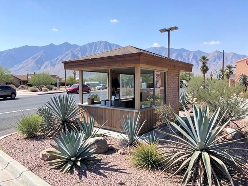 Roadside kiosk framed by desert plants and distant mountains in daylight