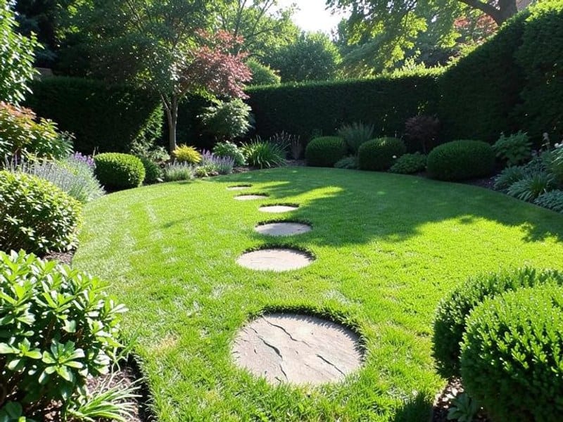Sunlit garden with a manicured lawn, stepping stones, and shrubs