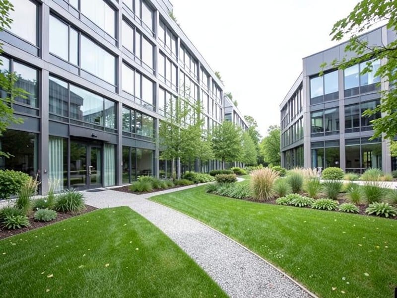 Modern office building beside a green lawn and gravel walkway