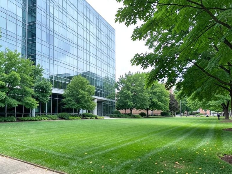 Glass office building stands beside maintained lawns and leafy trees