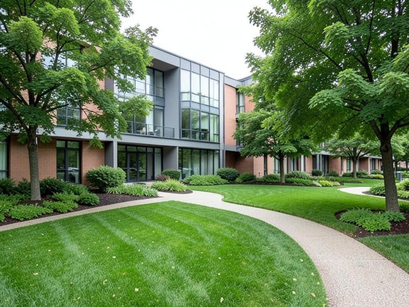 Modern building framed by a green lawn, landscaped paths, and mature trees