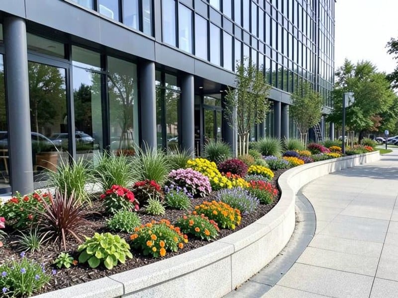 Curved planting beds add color beside a modern commercial building