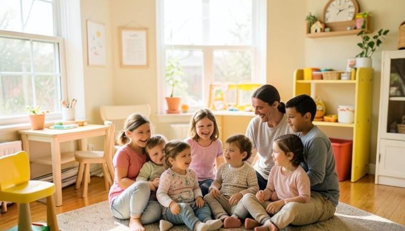 Family enjoying a calm, sunlit home between childcare visits