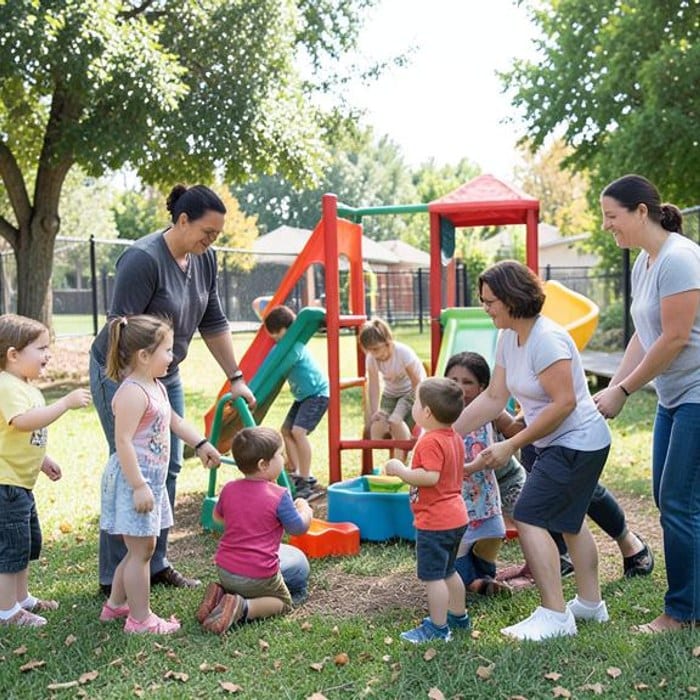 Children exploring outdoor play with caring adults close by