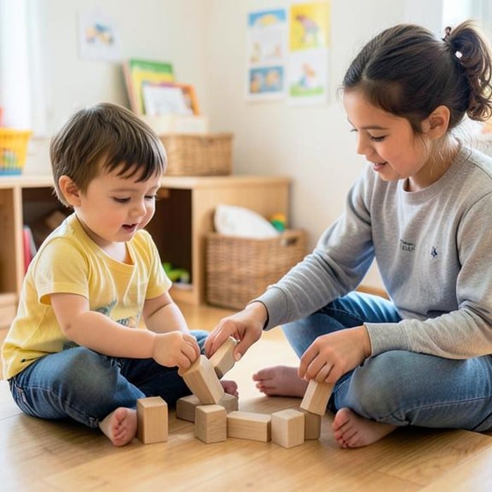 Teacher helping a young child build with wooden blocks in a bright classroom