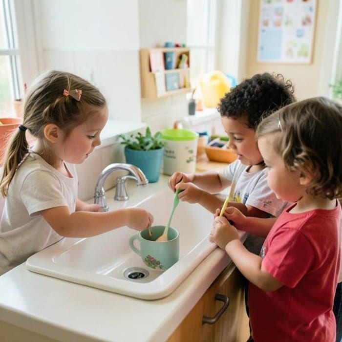 Children learning healthy routines at a child-height classroom sink
