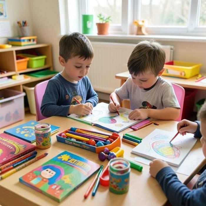 Colorful children's art supplies ready for a creative classroom activity
