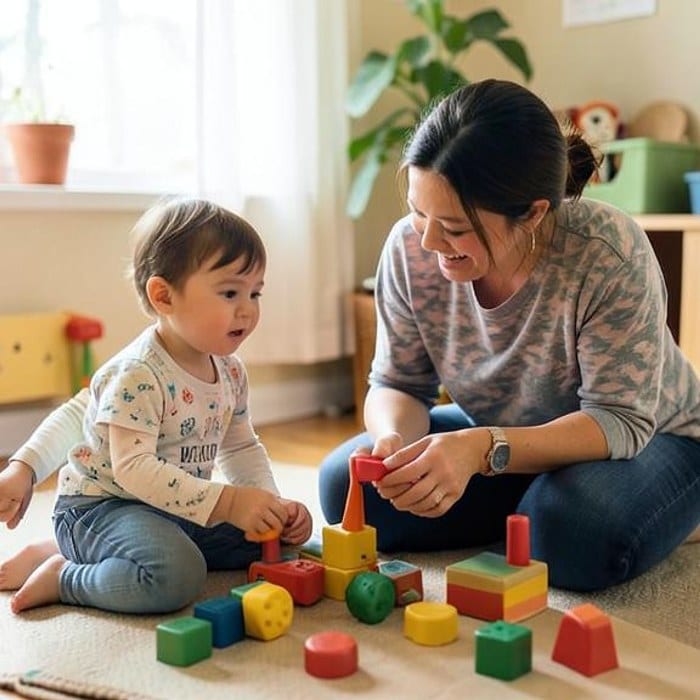 Caregiver encouraging a young child's curiosity during play