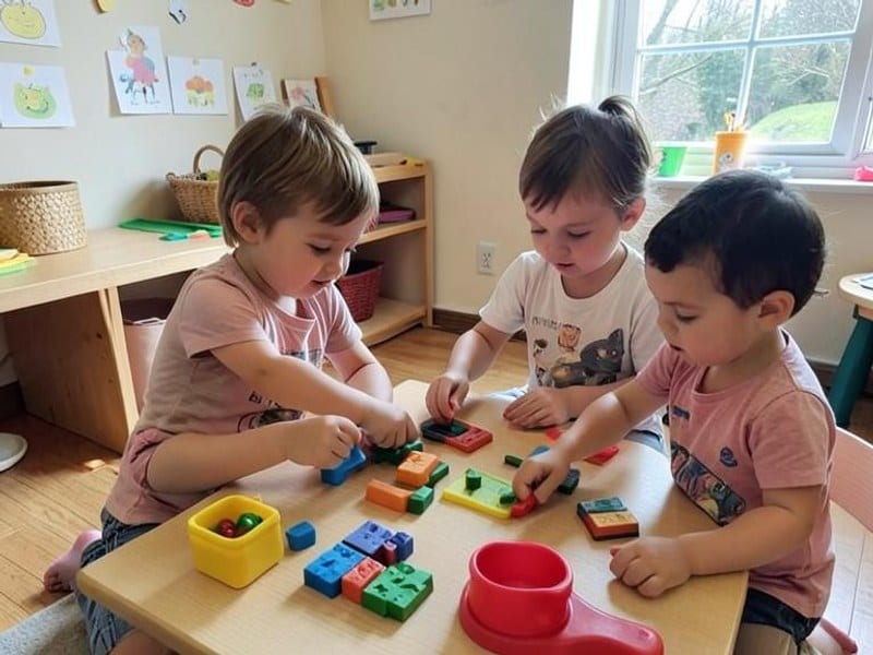 Young child painting at a bright classroom art table