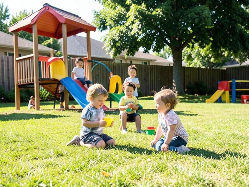 Toddlers playing together on a sunny daycare playground