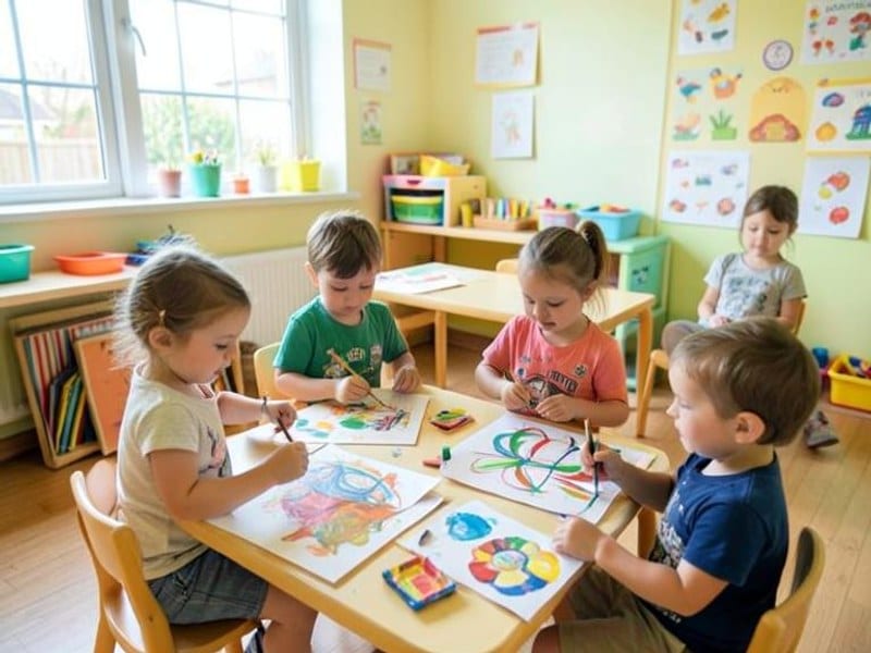 Child enjoying a quiet story corner in a warm preschool room