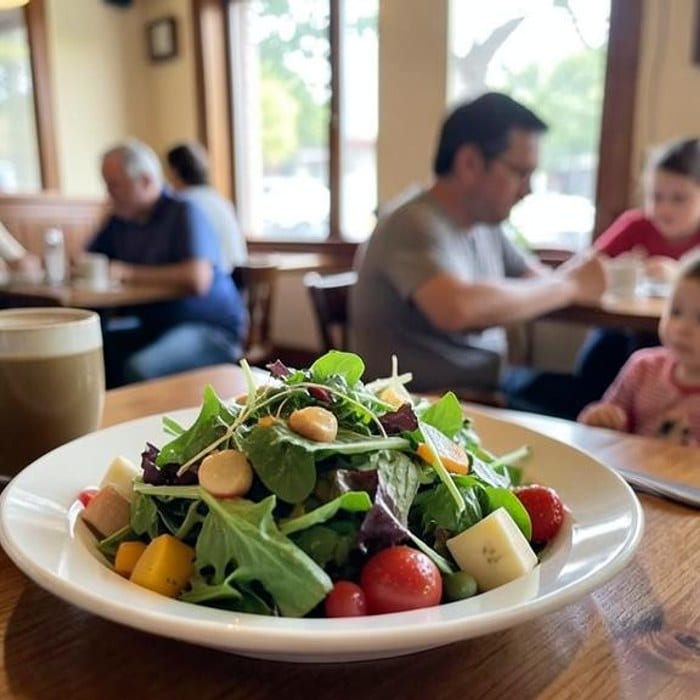A hearty salad with greens and fruit served for lunch