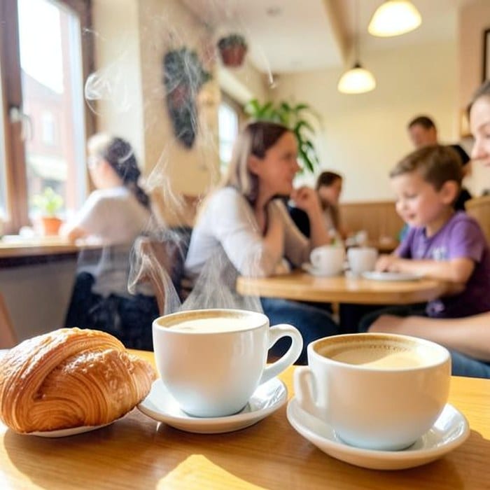 Steaming cafe coffee served alongside a bright morning pastry