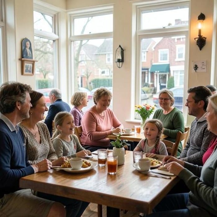 A cozy neighborhood cafe welcoming guests on a crisp day