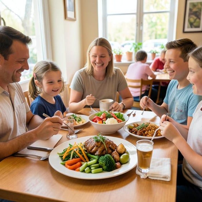 A welcoming family restaurant table with a freshly served meal