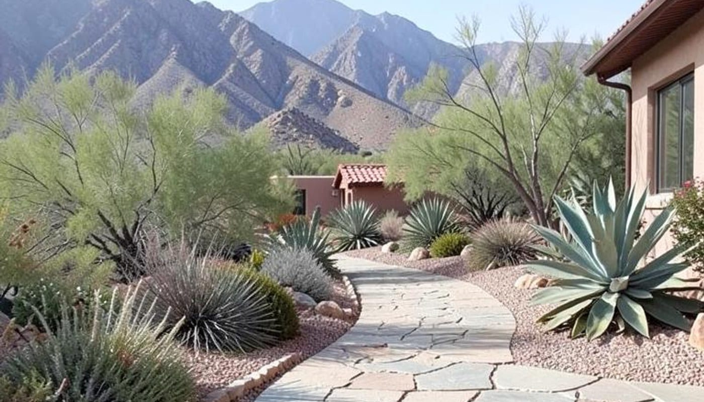 Stone patio and desert home framed by native plants beneath Tucson mountains