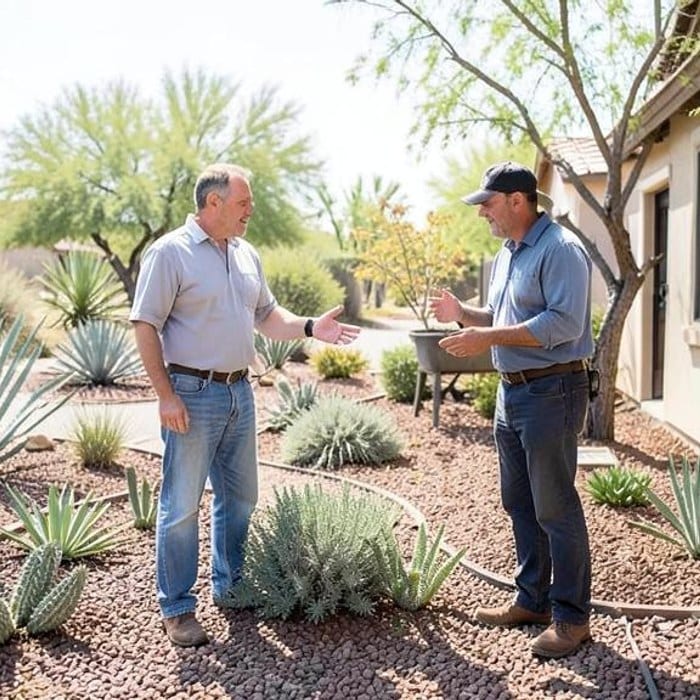 Homeowner discussing a desert garden plan with landscaper