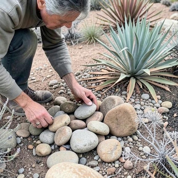Gardener hands arranging stones beside native desert plants