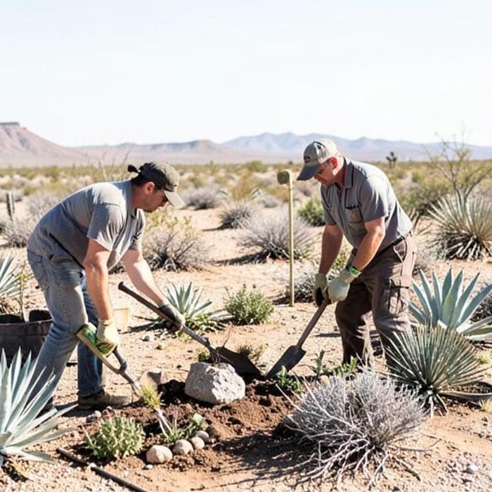 Landscaping team working together among desert plants
