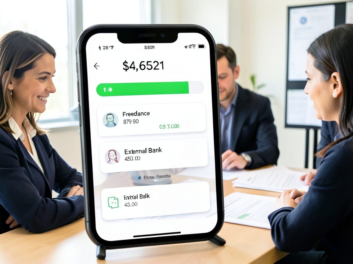 smartphone screen displays a green progress bar indicating a spending balance of $4,653.21, with two money transactions listed: Freelance (879.90) and External Bank (450.00).