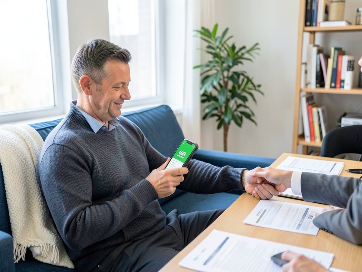 man sits on a blue couch in a living room, using a green H&R Block app on his phone, with a white blanket, potted plant, and bookshelf nearby.