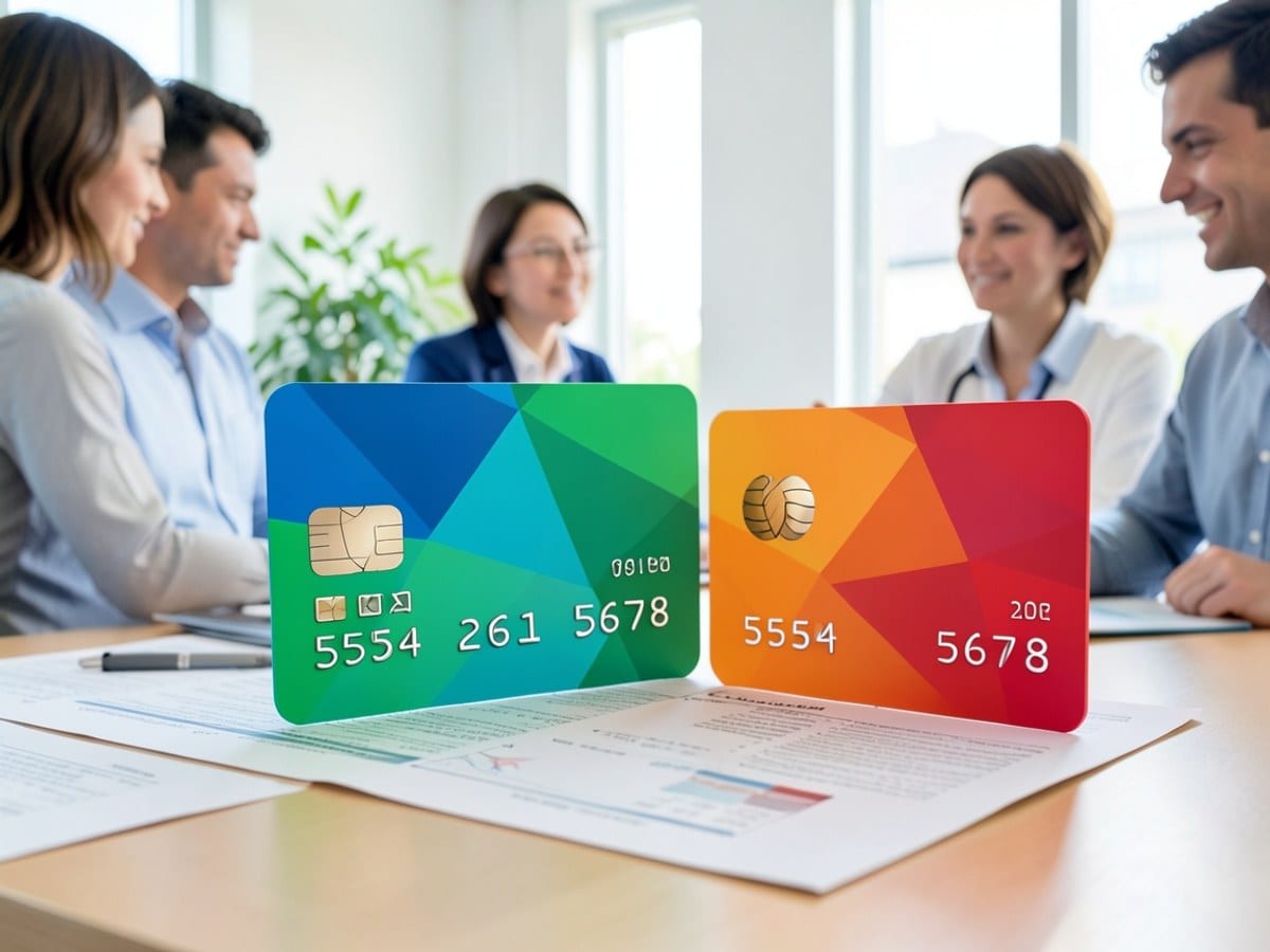 green Mastercard debit card with a blue and green geometric design, displaying the card number 5554 2611 5678, balances against an orange and red debit card.
