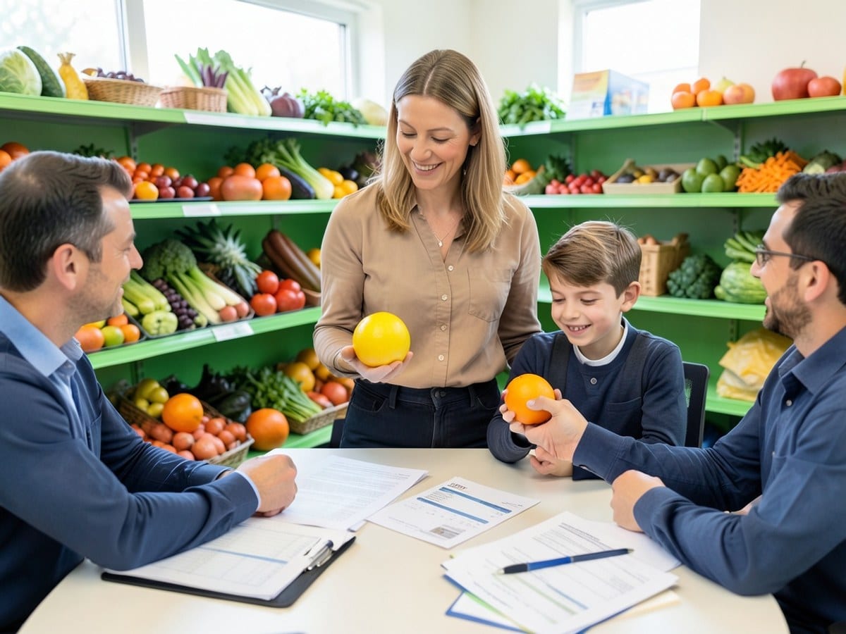 mother and son, the mother holding a yellow fruit and the son an orange, shop for fruits and vegetables in a grocery store with green shelves.